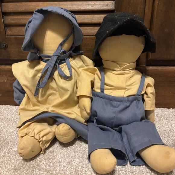 Primitive Fabric Doll Pair  Set Amish Mennonite Faceless Folk Art Boy Girl Decor - Picture 1 of 9